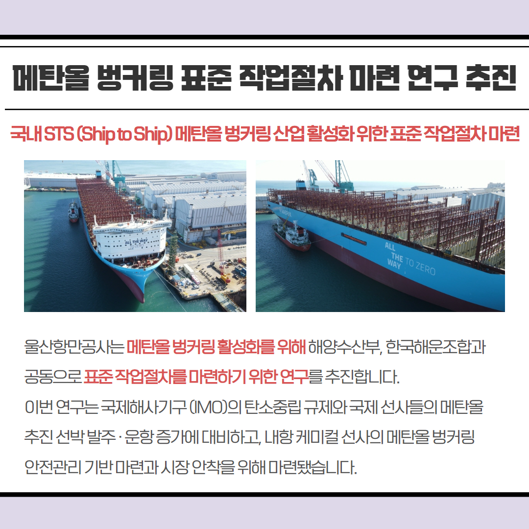 메탄올 벙커링 표준 작업절차 마련 연구 추진 - 국내STS (Ship to Ship) 메탄올벙커링산업활성화위한표준작업절차마련, 울산항만공사는 메탄올벙커링 활성화를 위해 해양수산부, 한국해운조합과 공동으로 표준작업절차를 마련하기 위한 연구를 추진합니다. 이번 연구는 국제해사기구(IMO)의 탄소중립규제와국제선사들의 메탄올 추진선박 발주·운항증가에 대비하고, 내항케미컬 선사의 메탄올벙커링 안전관리기반마련과시장 안착을 위해 마련됐습니다.